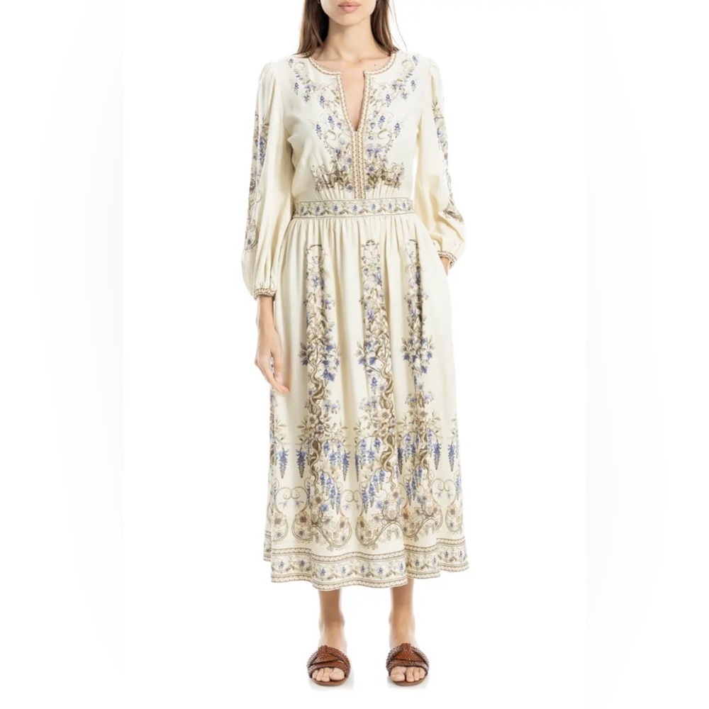 Floral Print Balloon Sleeve Maxi linen Dress long sleeve - Picture 5 of 10